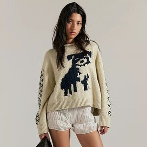 EUC Free People Story Book Cream and Black Dog Pattern Sweater